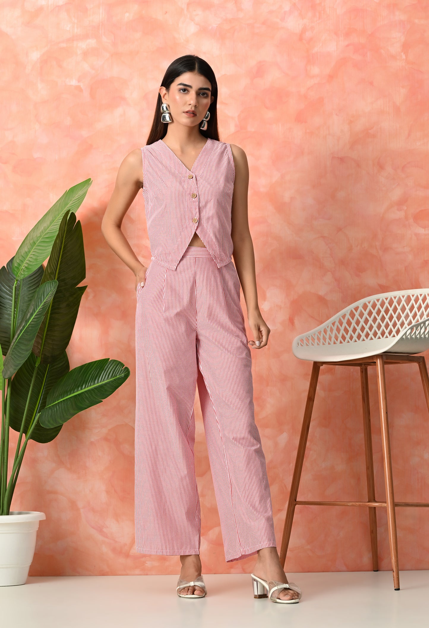 Coral Pink Pinstripe Sleeveless Rayon Co-ord Set with Wide Leg Pants