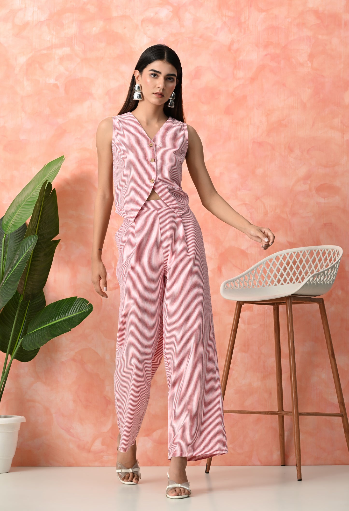 Coral Pink Pinstripe Sleeveless Rayon Co-ord Set with Wide Leg Pants