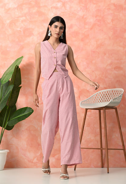 Coral Pink Pinstripe Sleeveless Rayon Co-ord Set with Wide Leg Pants
