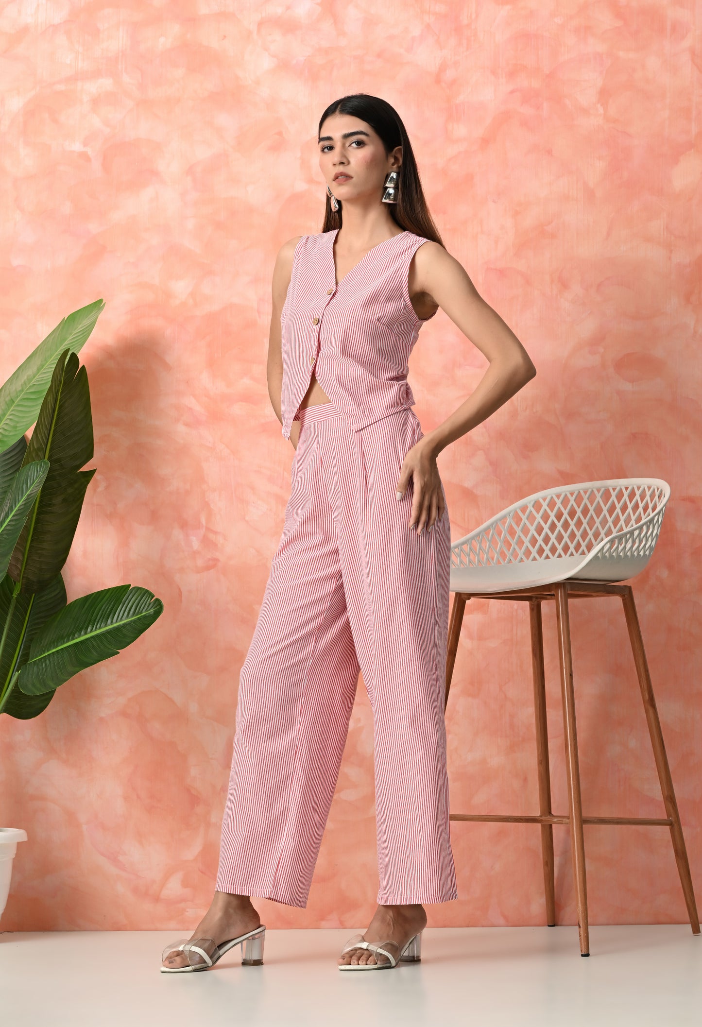 Coral Pink Pinstripe Sleeveless Rayon Co-ord Set with Wide Leg Pants