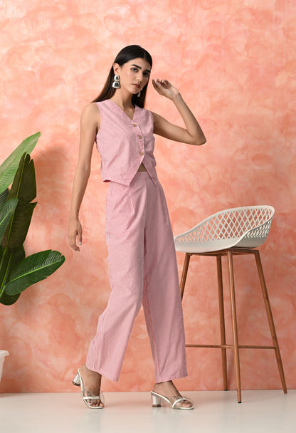 Coral Pink Pinstripe Sleeveless Rayon Co-ord Set with Wide Leg Pants
