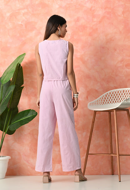 Baby Pink Pinstripe Sleeveless Rayon Co-ord Set with Wide Leg Pants