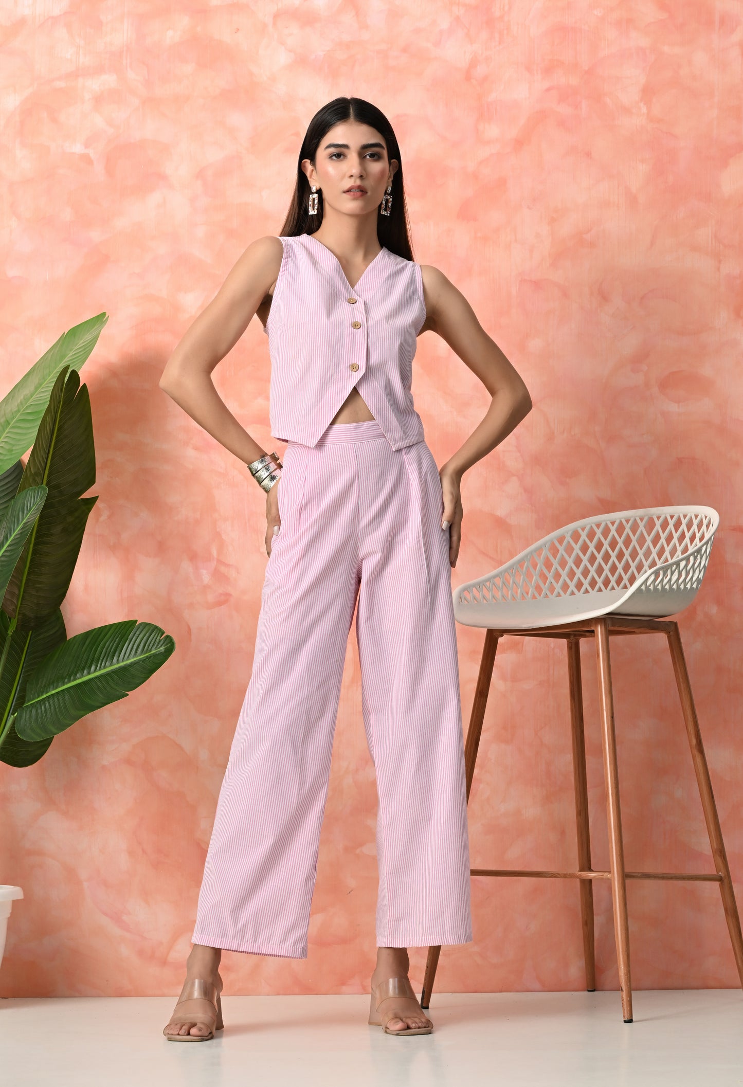 Baby Pink Pinstripe Sleeveless Rayon Co-ord Set with Wide Leg Pants