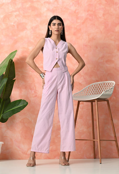 Baby Pink Pinstripe Sleeveless Rayon Co-ord Set with Wide Leg Pants