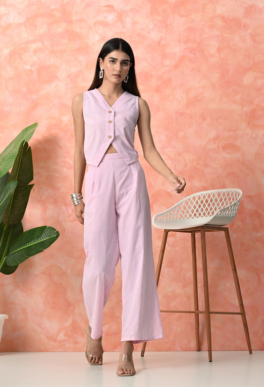 Baby Pink Pinstripe Sleeveless Rayon Co-ord Set with Wide Leg Pants
