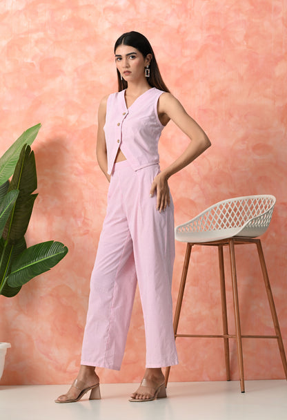 Baby Pink Pinstripe Sleeveless Rayon Co-ord Set with Wide Leg Pants