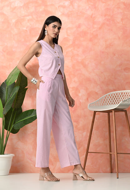 Baby Pink Pinstripe Sleeveless Rayon Co-ord Set with Wide Leg Pants