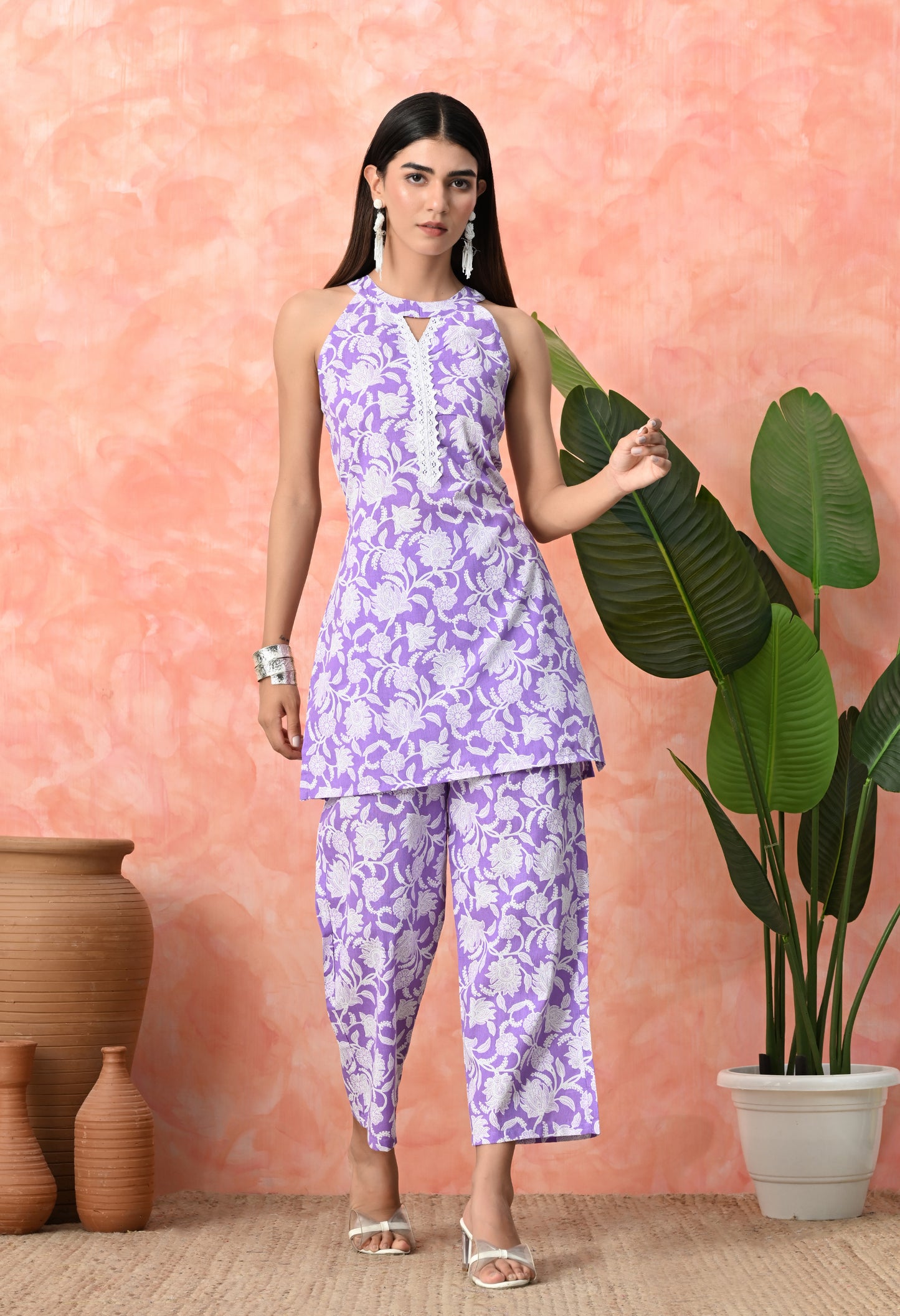Lavender Petal Printed Rayon Sleeveless Kurta Set with Lace Detailing