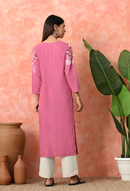 Berry Pink Floral Vine Printed Rayon Kurta with Elegant Button Placket Detailing