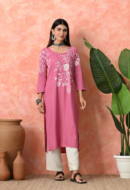 Berry Pink Floral Vine Printed Rayon Kurta with Elegant Button Placket Detailing
