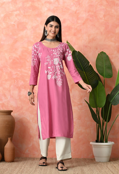 Berry Pink Floral Vine Printed Rayon Kurta with Elegant Button Placket Detailing