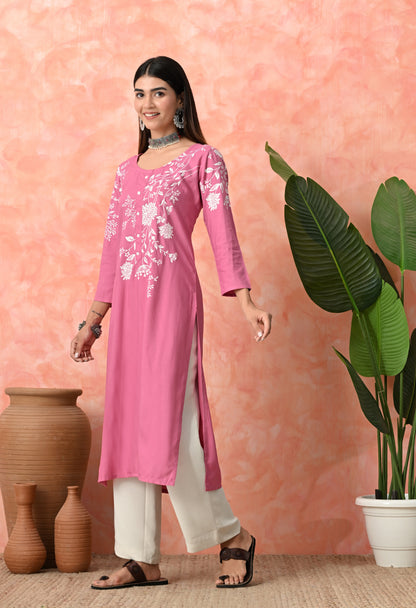 Berry Pink Floral Vine Printed Rayon Kurta with Elegant Button Placket Detailing