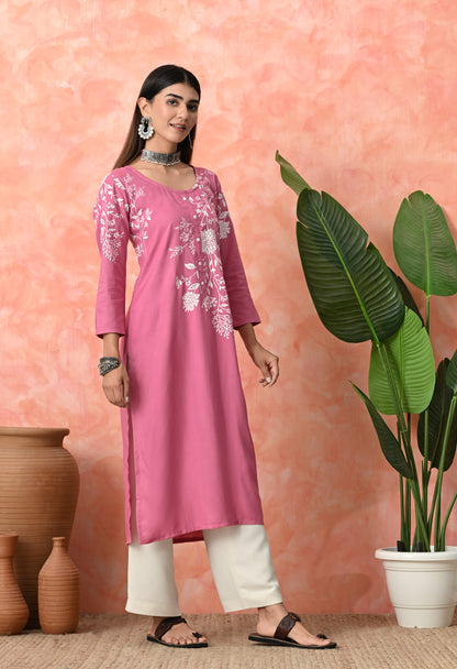 Berry Pink Floral Vine Printed Rayon Kurta with Elegant Button Placket Detailing