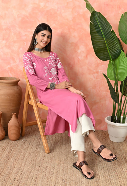 Berry Pink Floral Vine Printed Rayon Kurta with Elegant Button Placket Detailing