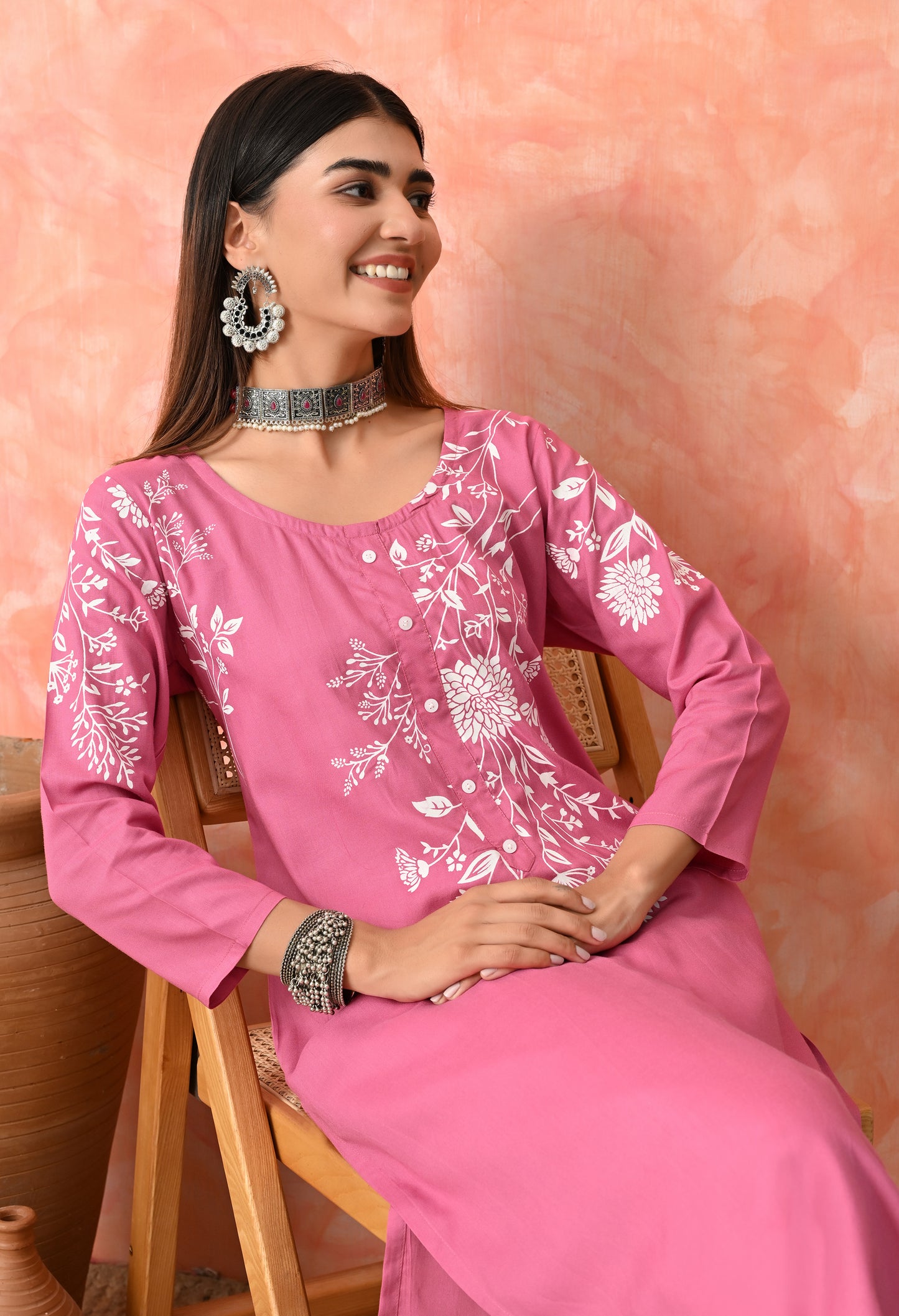 Berry Pink Floral Vine Printed Rayon Kurta with Elegant Button Placket Detailing