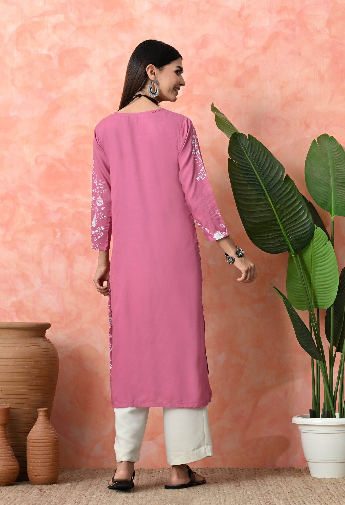 Gentle Pink Ivory Branch Floral Print Rayon Kurta with Side Panel & Sleeve Detailing