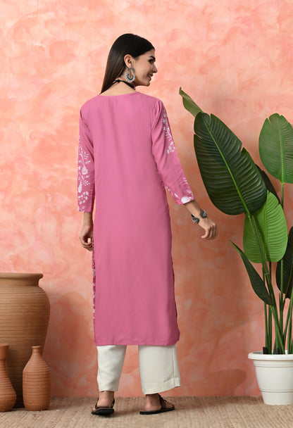 Gentle Pink Ivory Branch Floral Print Rayon Kurta with Side Panel & Sleeve Detailing