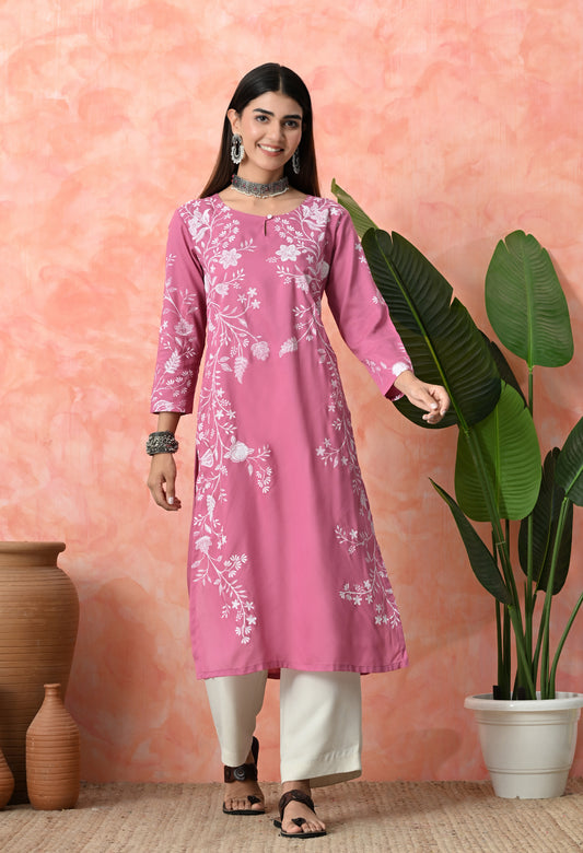 Gentle Pink Ivory Branch Floral Print Rayon Kurta with Side Panel & Sleeve Detailing