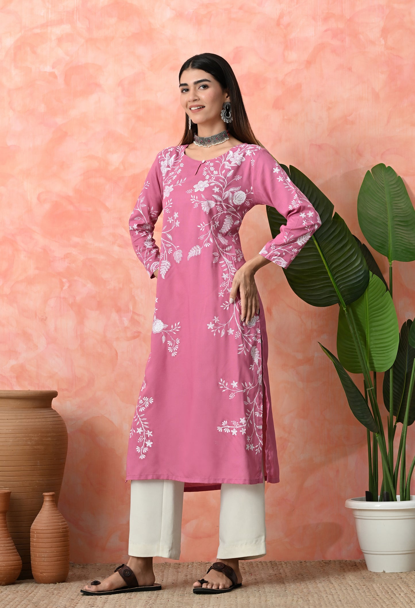 Gentle Pink Ivory Branch Floral Print Rayon Kurta with Side Panel & Sleeve Detailing