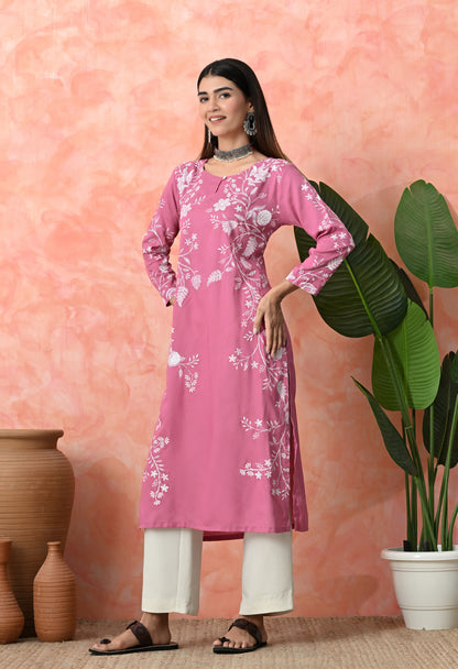 Gentle Pink Ivory Branch Floral Print Rayon Kurta with Side Panel & Sleeve Detailing