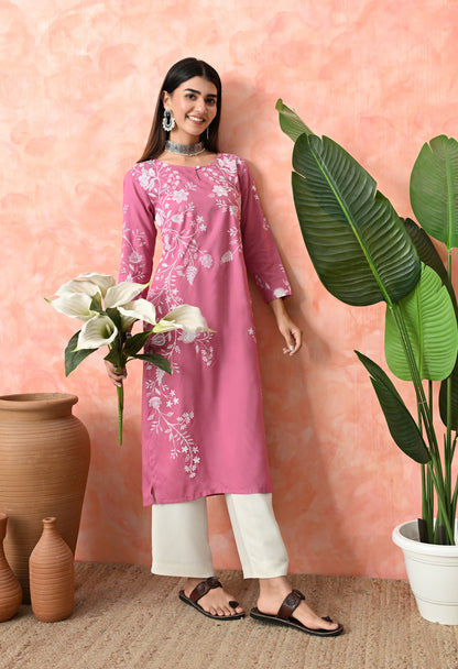 Gentle Pink Ivory Branch Floral Print Rayon Kurta with Side Panel & Sleeve Detailing