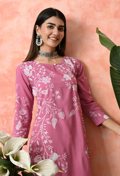Gentle Pink Ivory Branch Floral Print Rayon Kurta with Side Panel & Sleeve Detailing