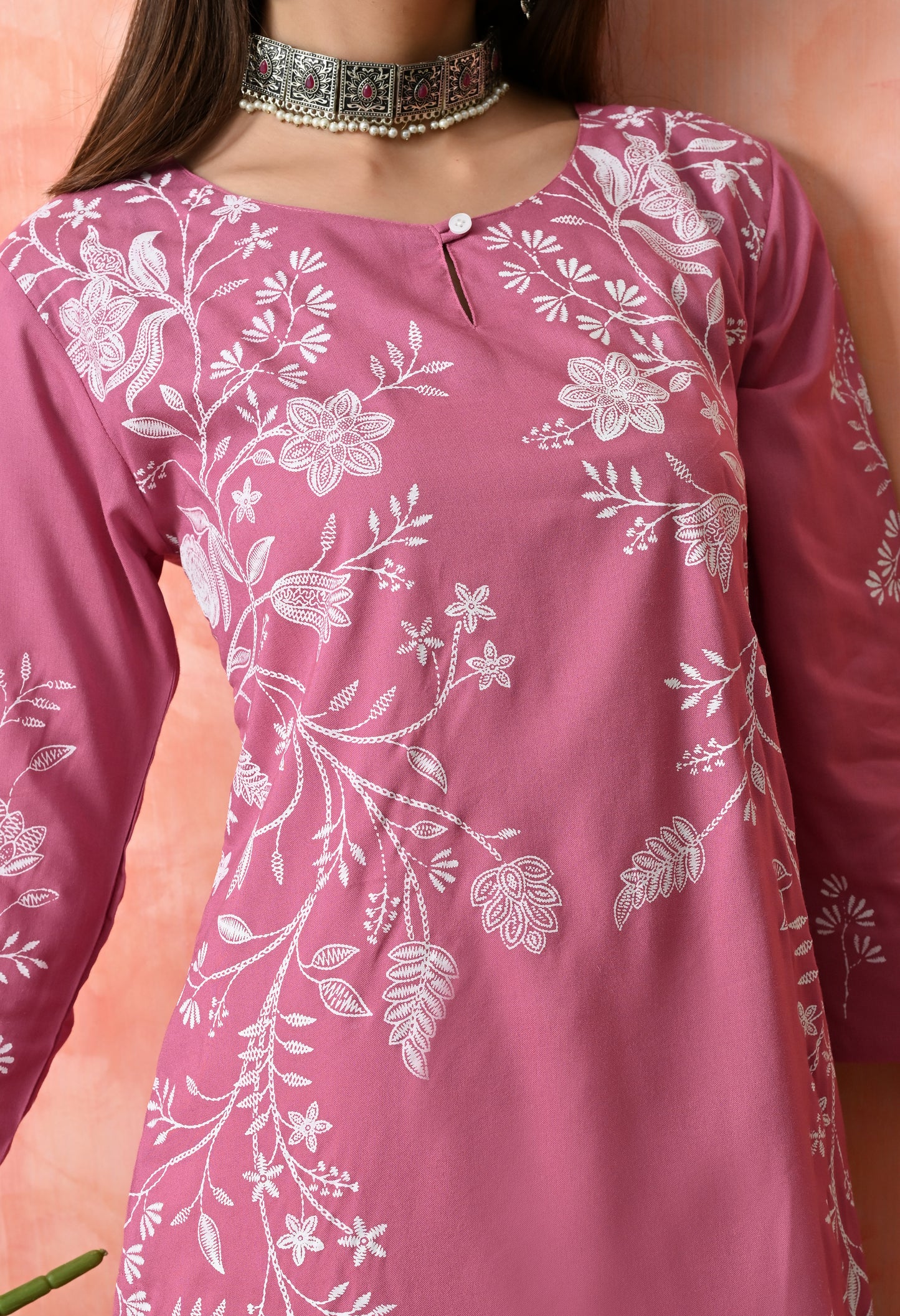Gentle Pink Ivory Branch Floral Print Rayon Kurta with Side Panel & Sleeve Detailing