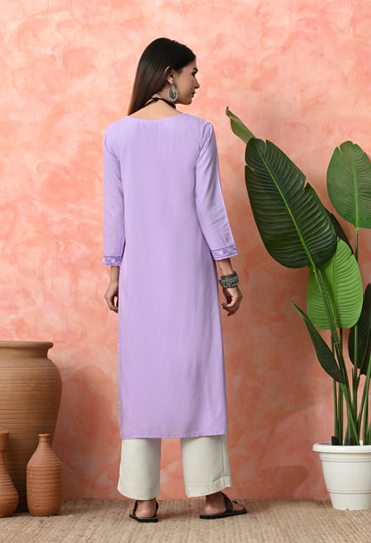 Lavender Paisley Buti Printed Rayon Kurta with Neck Piping & Sleeve Border Detailing