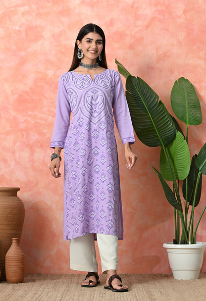 Lavender Paisley Buti Printed Rayon Kurta with Neck Piping & Sleeve Border Detailing