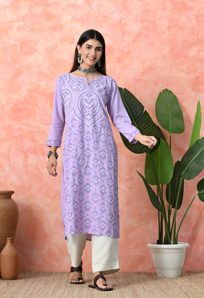 Lavender Paisley Buti Printed Rayon Kurta with Neck Piping & Sleeve Border Detailing