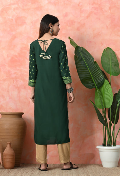 Bottle Green Buti Printed Rayon Kurta with Ornamental Yoke, Sleeve Border & Tassel Tie-Up Back Detailing