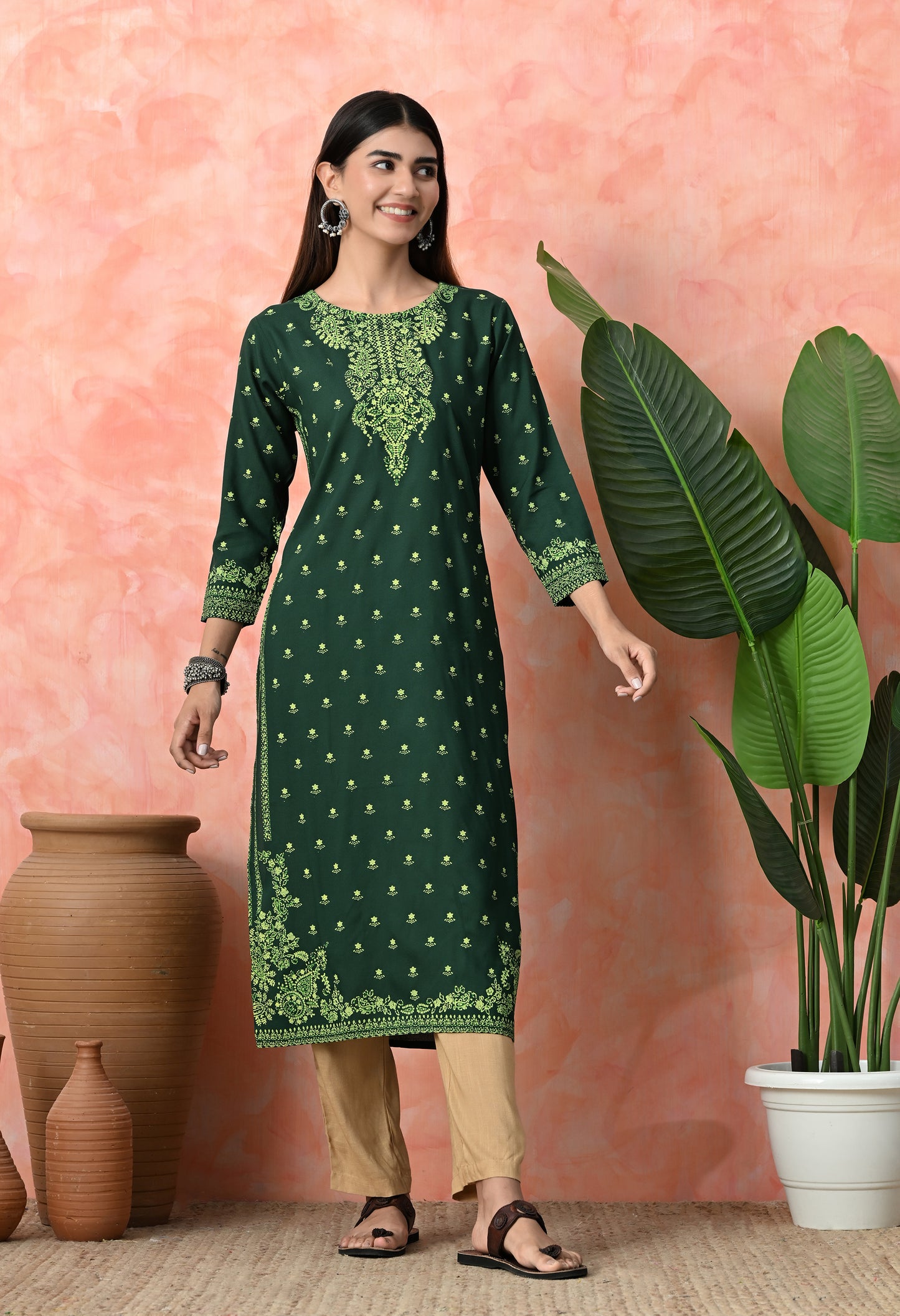 Bottle Green Buti Printed Rayon Kurta with Ornamental Yoke, Sleeve Border & Tassel Tie-Up Back Detailing