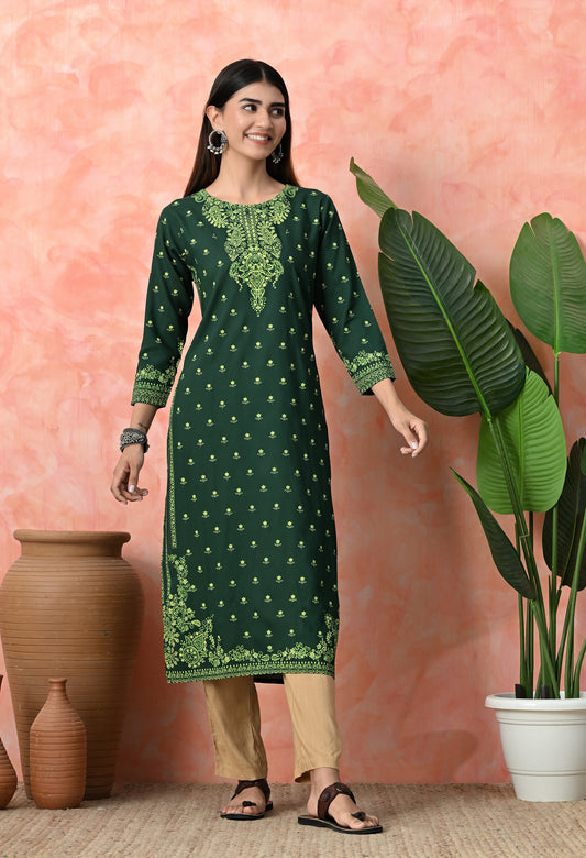 Bottle Green Buti Printed Rayon Kurta with Ornamental Yoke, Sleeve Border & Tassel Tie-Up Back Detailing