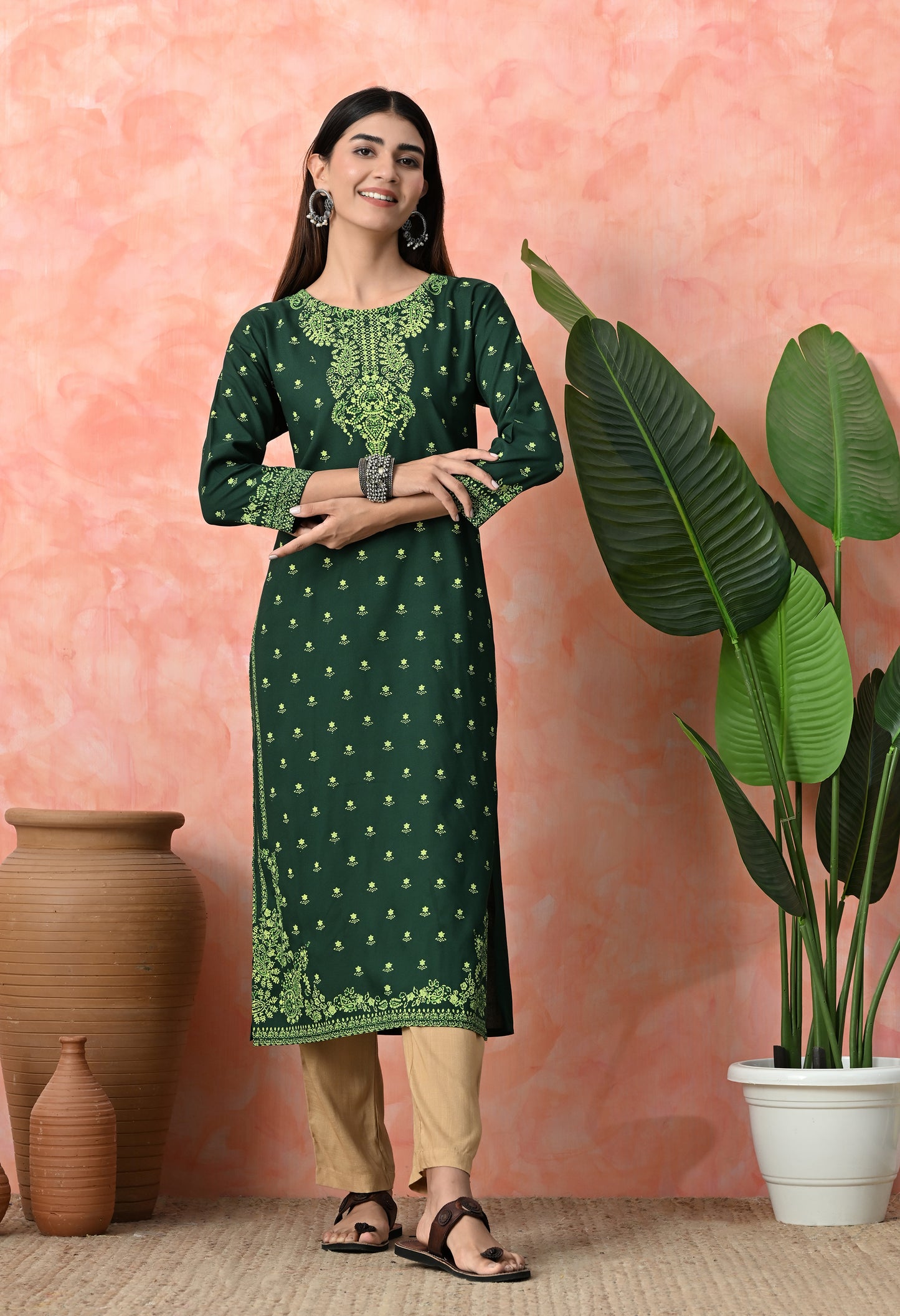 Bottle Green Buti Printed Rayon Kurta with Ornamental Yoke, Sleeve Border & Tassel Tie-Up Back Detailing