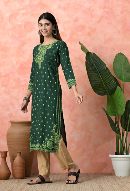 Bottle Green Buti Printed Rayon Kurta with Ornamental Yoke, Sleeve Border & Tassel Tie-Up Back Detailing