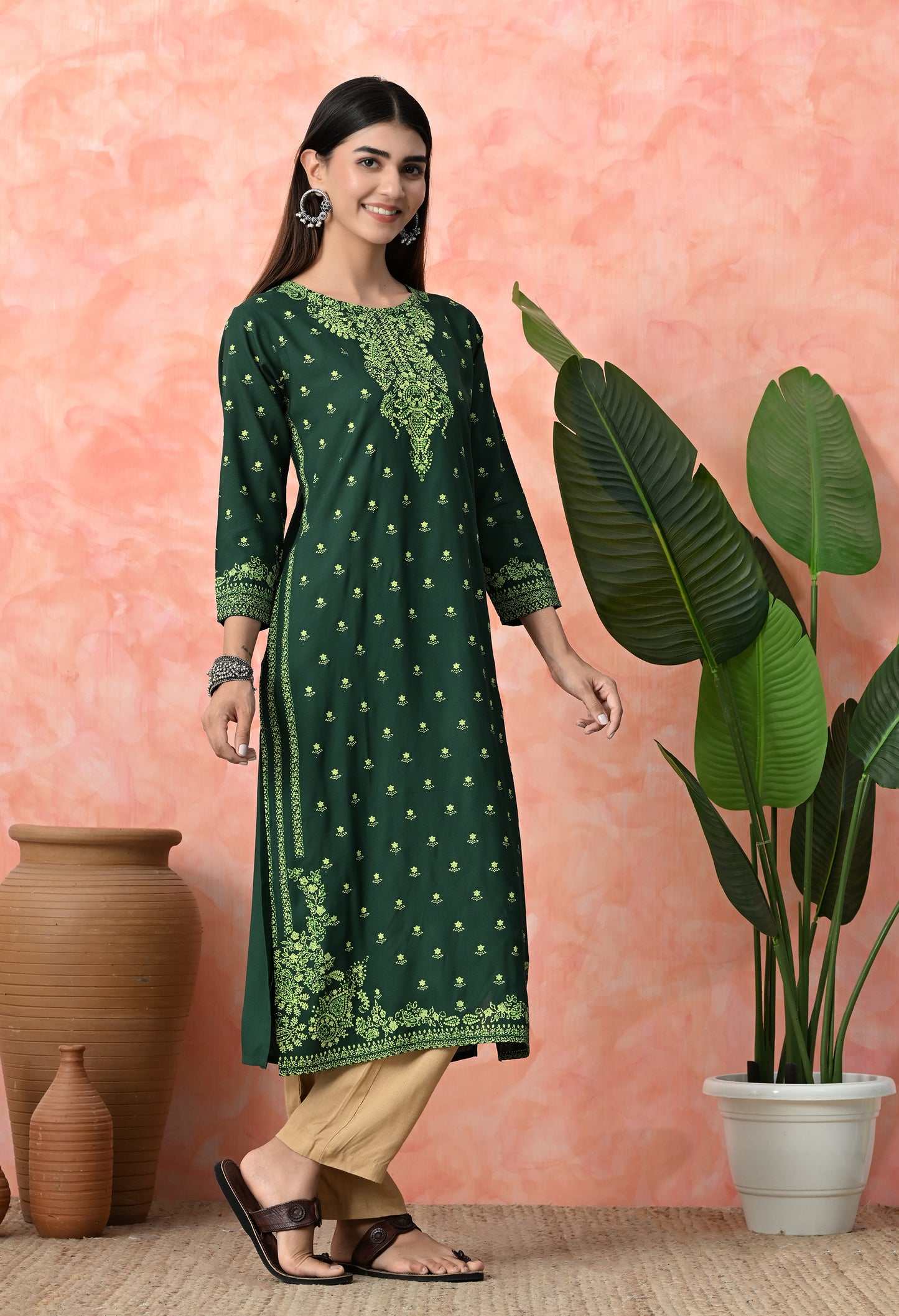 Bottle Green Buti Printed Rayon Kurta with Ornamental Yoke, Sleeve Border & Tassel Tie-Up Back Detailing