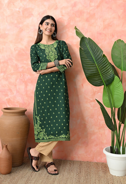 Bottle Green Buti Printed Rayon Kurta with Ornamental Yoke, Sleeve Border & Tassel Tie-Up Back Detailing