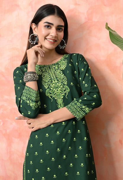Bottle Green Buti Printed Rayon Kurta with Ornamental Yoke, Sleeve Border & Tassel Tie-Up Back Detailing
