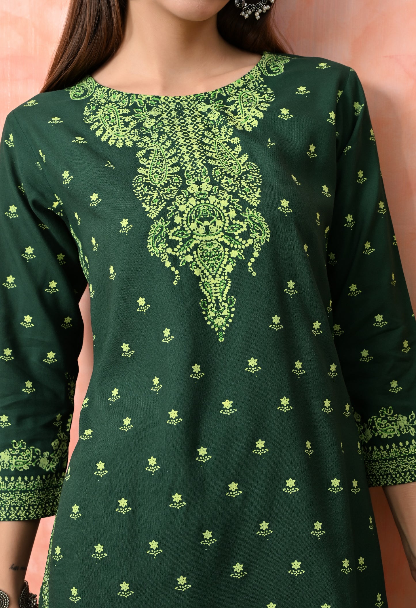 Bottle Green Buti Printed Rayon Kurta with Ornamental Yoke, Sleeve Border & Tassel Tie-Up Back Detailing