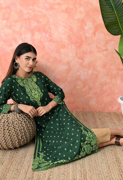 Bottle Green Buti Printed Rayon Kurta with Ornamental Yoke, Sleeve Border & Tassel Tie-Up Back Detailing