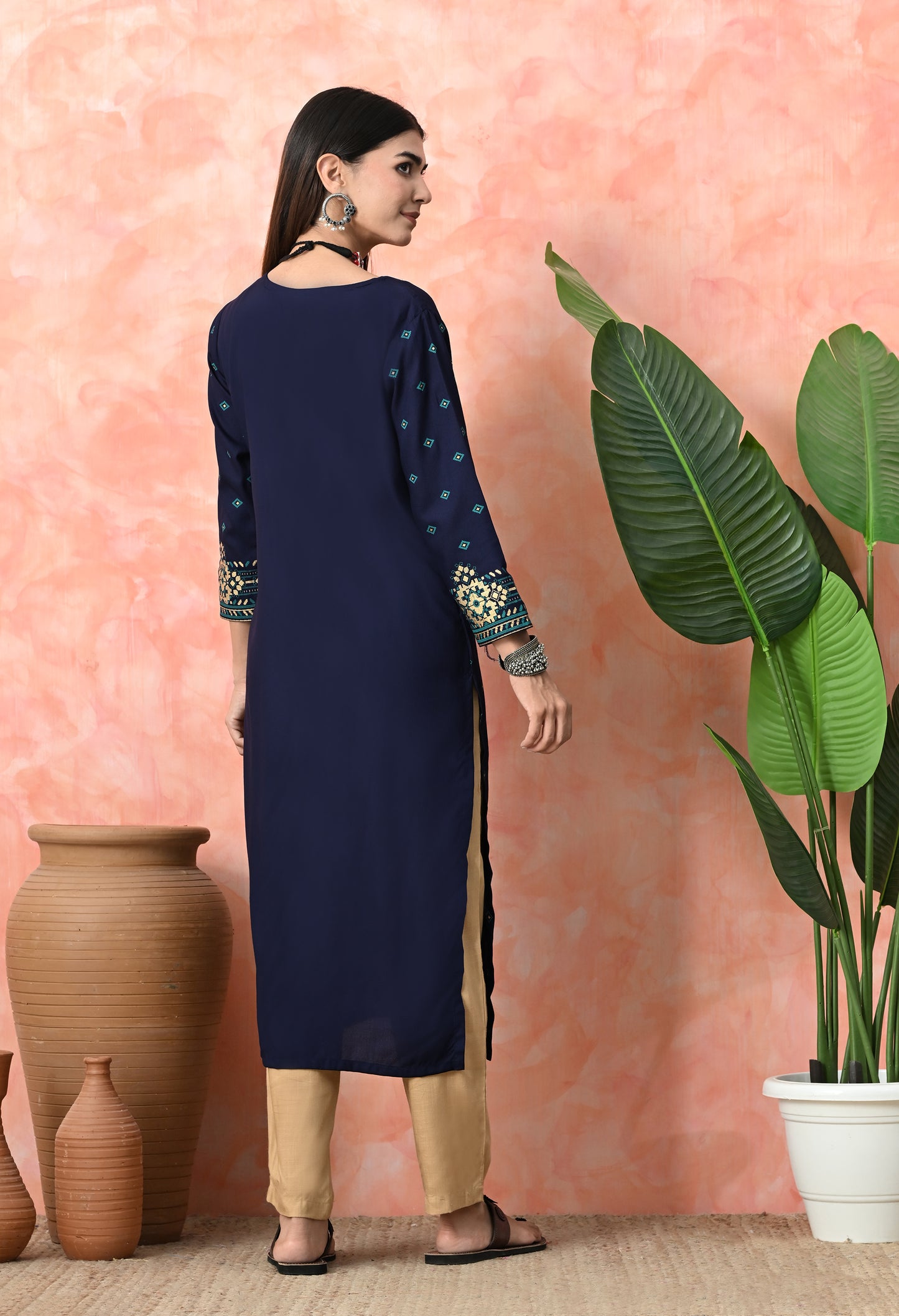 Royal Blue Buti Printed Rayon Kurta with Ethnic Front Panel, Tassel Neck Detail & Sleeve Border