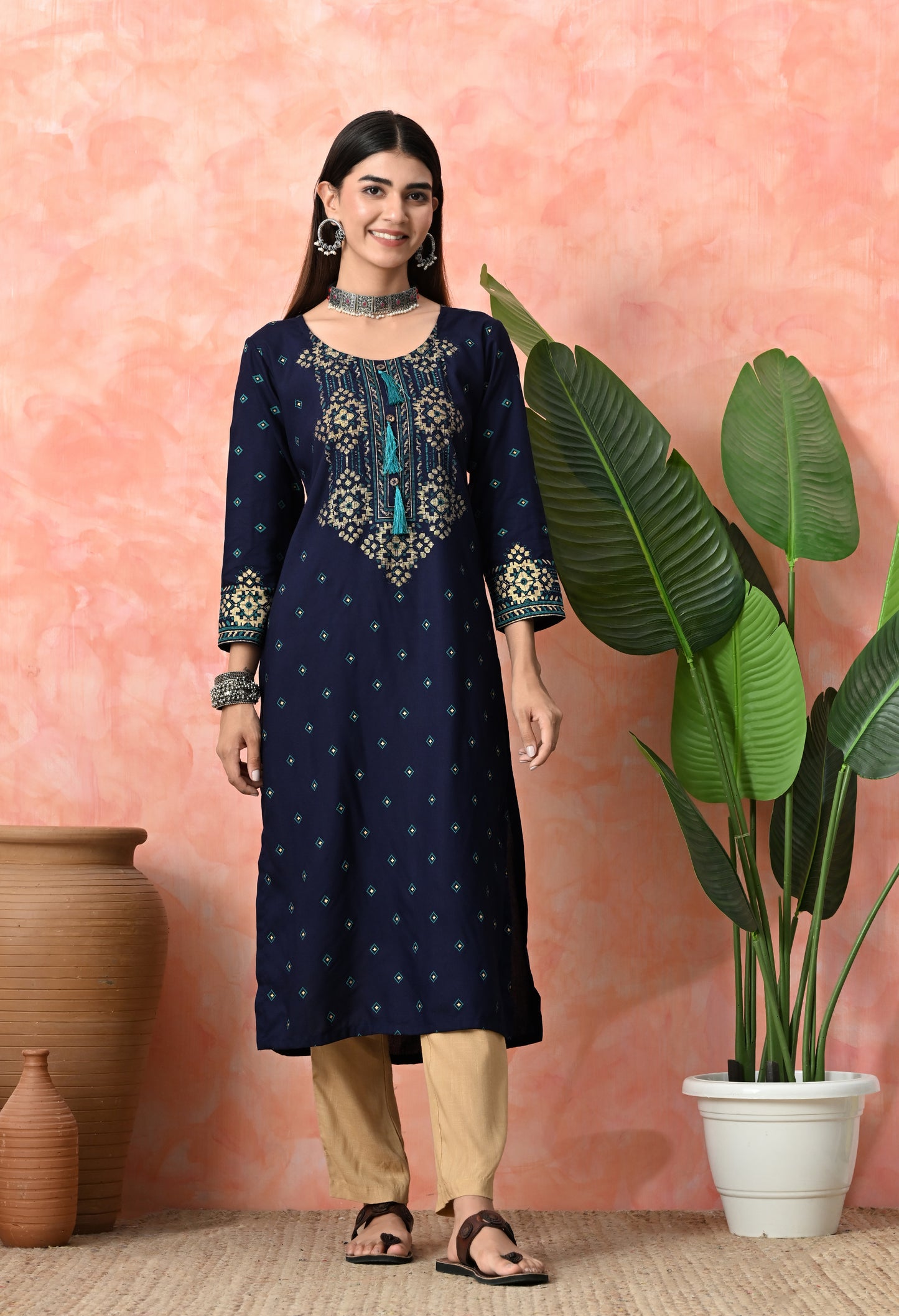 Royal Blue Buti Printed Rayon Kurta with Ethnic Front Panel, Tassel Neck Detail & Sleeve Border