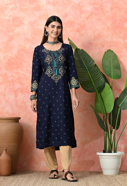 Royal Blue Buti Printed Rayon Kurta with Ethnic Front Panel, Tassel Neck Detail & Sleeve Border