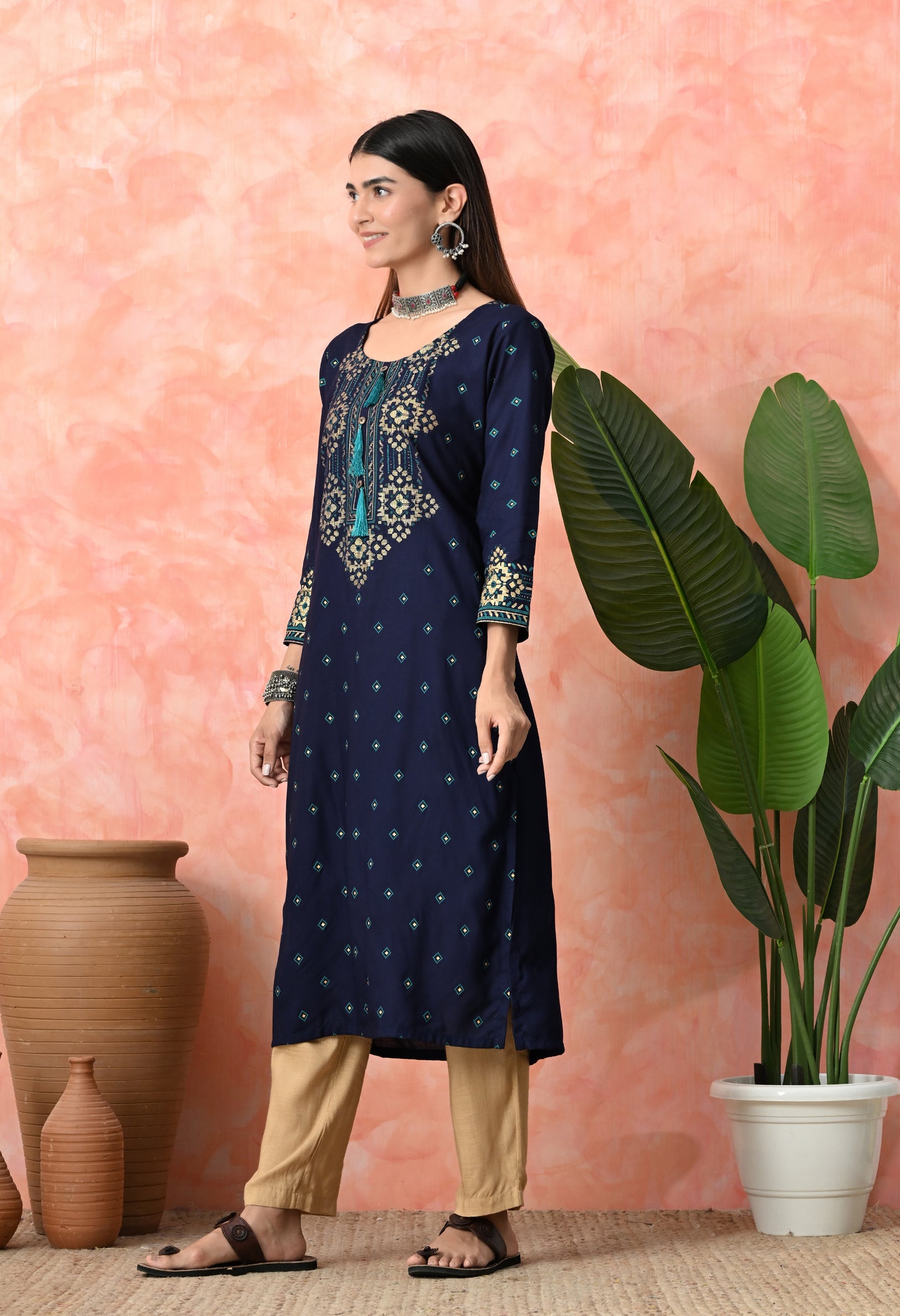 Royal Blue Buti Printed Rayon Kurta with Ethnic Front Panel, Tassel Neck Detail & Sleeve Border