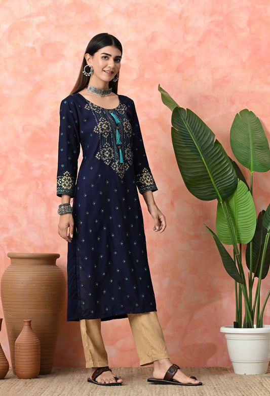Royal Blue Buti Printed Rayon Kurta with Ethnic Front Panel, Tassel Neck Detail & Sleeve Border