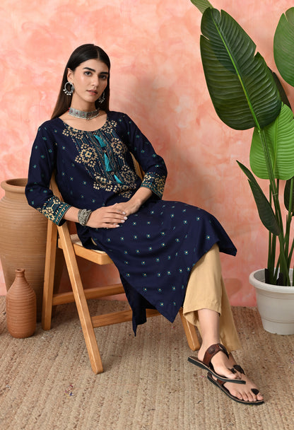 Royal Blue Buti Printed Rayon Kurta with Ethnic Front Panel, Tassel Neck Detail & Sleeve Border
