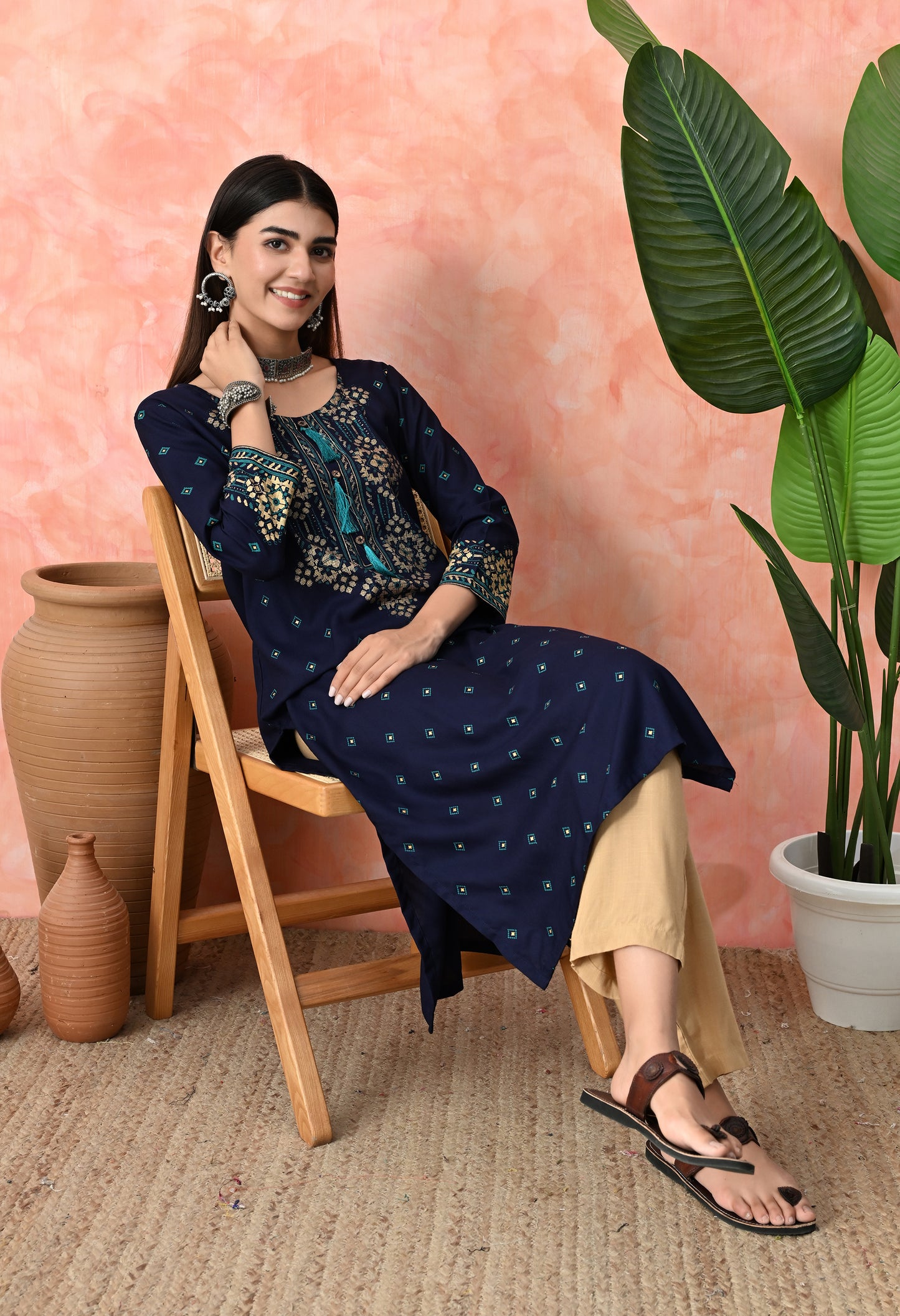 Royal Blue Buti Printed Rayon Kurta with Ethnic Front Panel, Tassel Neck Detail & Sleeve Border