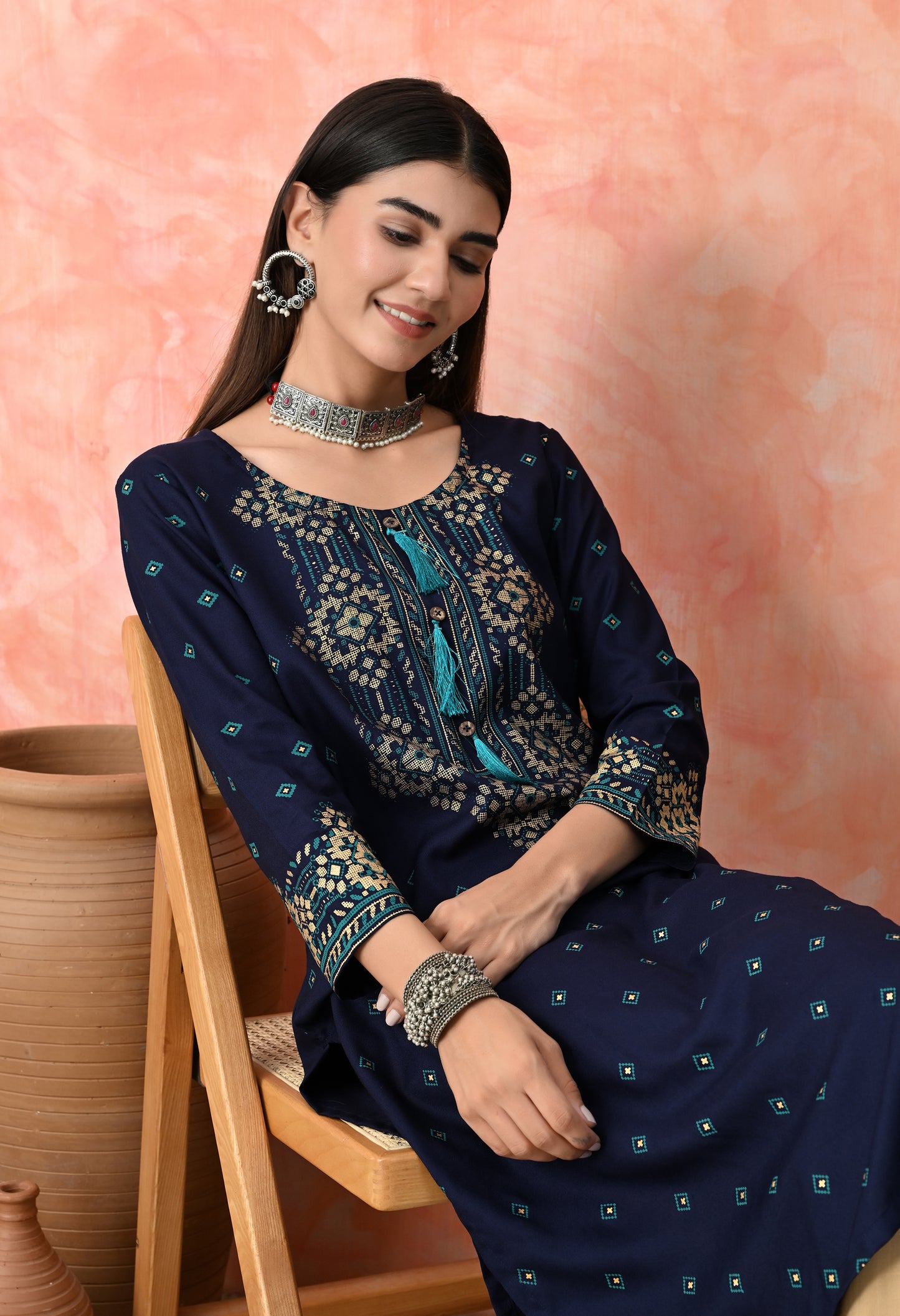 Royal Blue Buti Printed Rayon Kurta with Ethnic Front Panel, Tassel Neck Detail & Sleeve Border