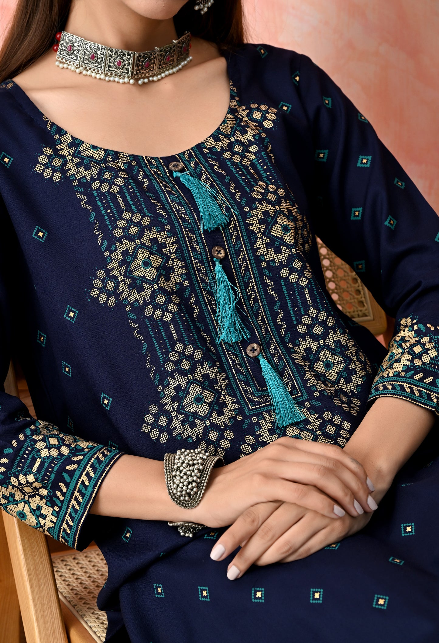 Royal Blue Buti Printed Rayon Kurta with Ethnic Front Panel, Tassel Neck Detail & Sleeve Border