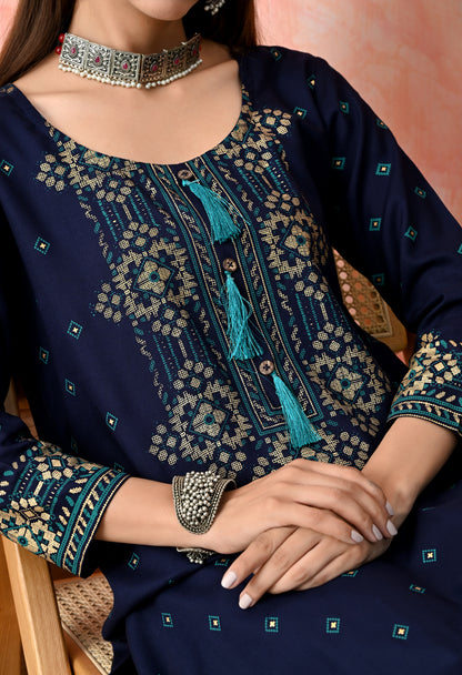 Royal Blue Buti Printed Rayon Kurta with Ethnic Front Panel, Tassel Neck Detail & Sleeve Border